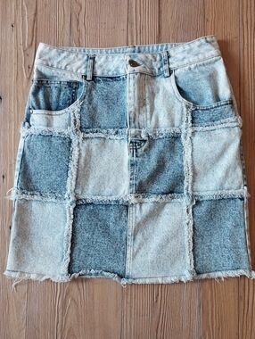 Oli & Hali Two-Tone Patchwork Denim Mini Skirt - Light Blue & Dark Blue